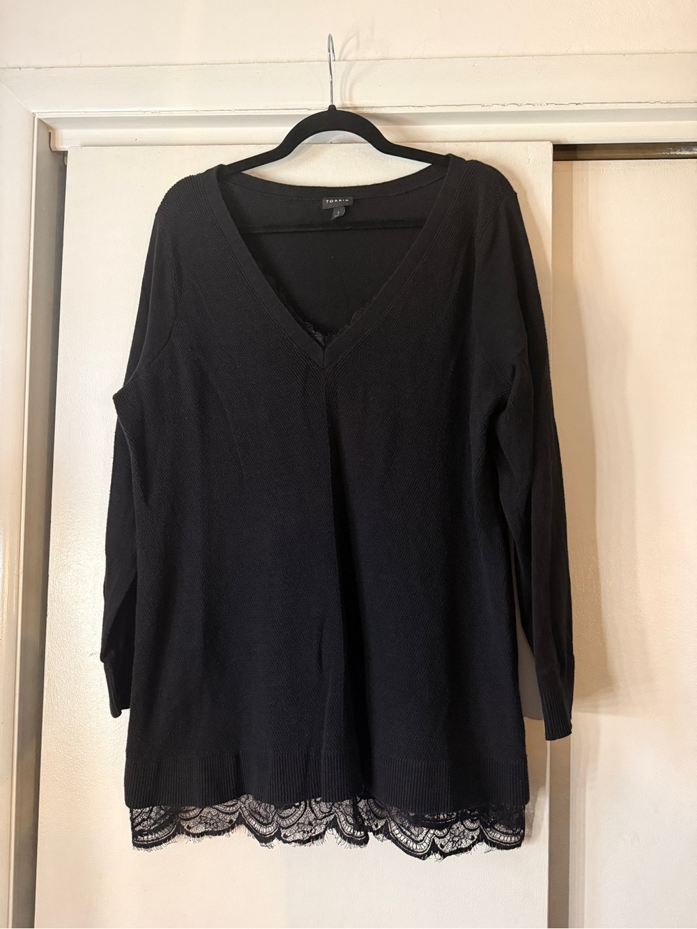 torrid Black V-Neck Sweater Top with Lace Hem